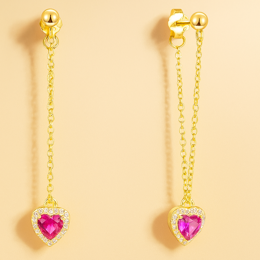 Pendientes Corazón Rosa con Cadena
